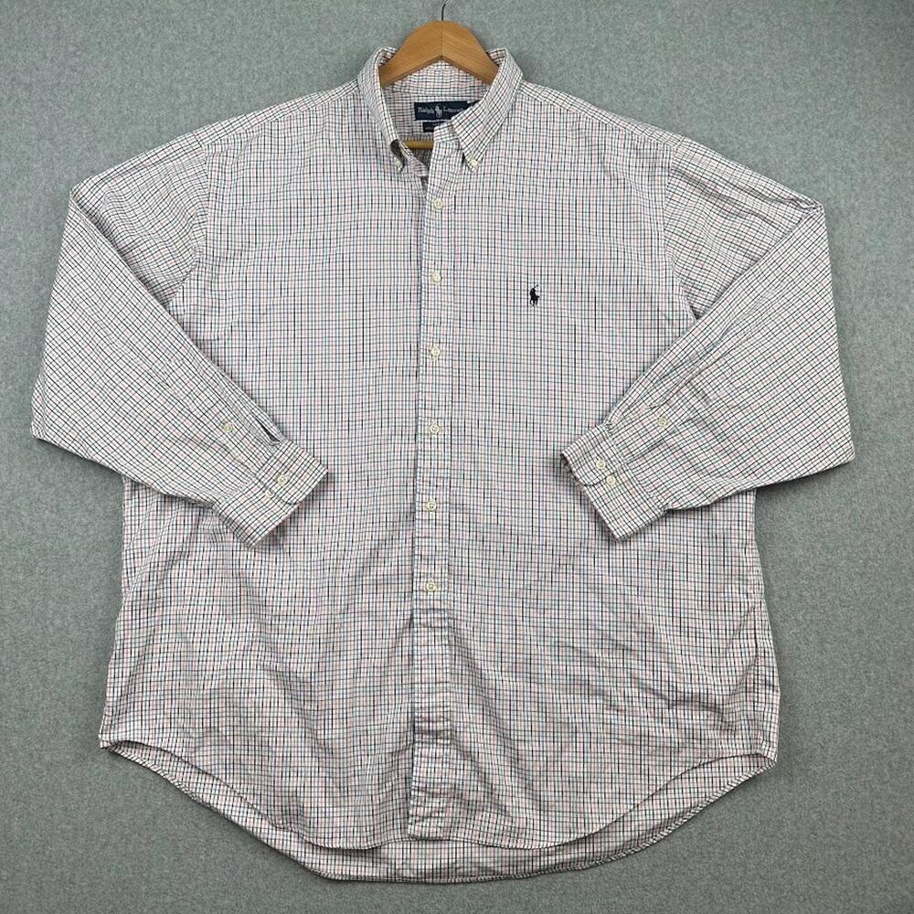 Ralph Lauren Shirt Men 18 34/35 Blue Pink Plaid Yarmouth Pinpoint Oxford Vintage